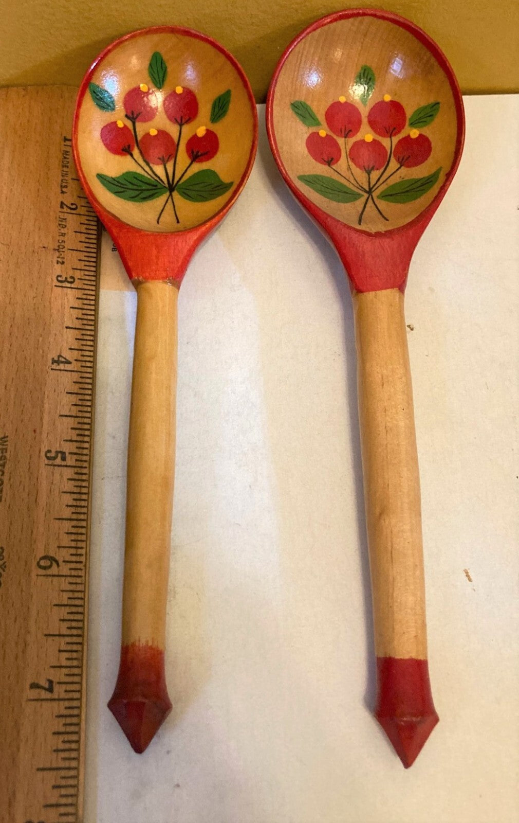 Vtg Laquered Khokhloma Folk Art Handpainted Wooden Spoons Red Berry Set of 2 NEW