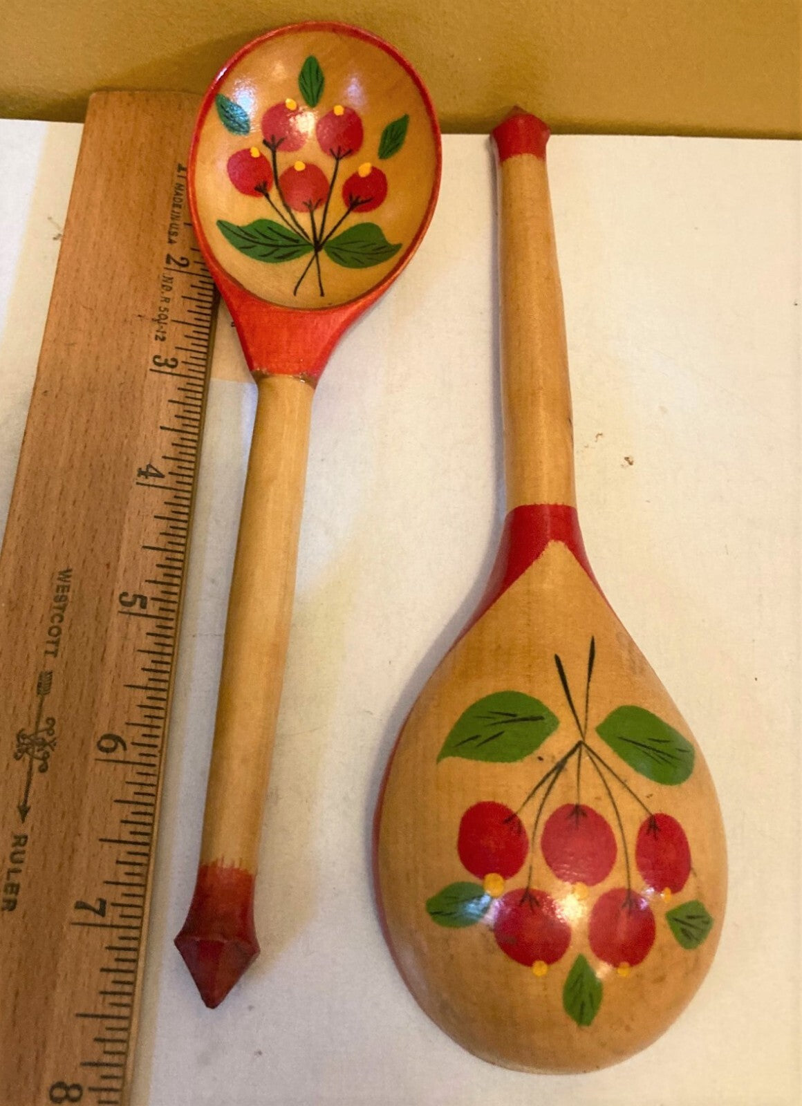 Vtg Laquered Khokhloma Folk Art Handpainted Wooden Spoons Red Berry Set of 2 NEW